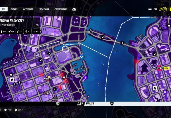 Mapa Downtown Palm City z gry NFS Heat. Szukasz sposobu, jak uciec policji? Zwróć uwagę na oznaczenia na mapie, które pomogą Ci w tej misji.