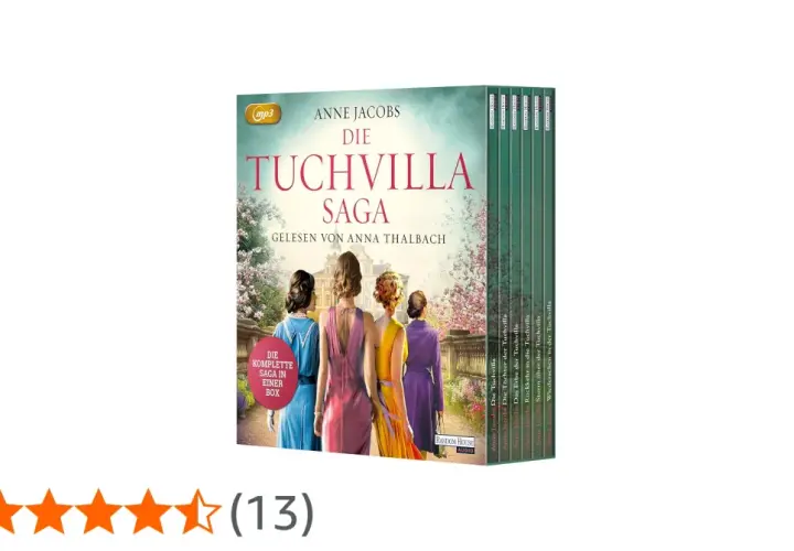 Die komplette "Die Tuchvilla Saga" von Anne Jacobs, eine wahre Begebenheit, als Hörbuch-Box. Vier Frauen blicken auf die Villa.