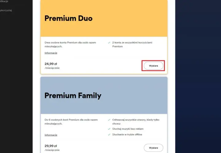 Spotify cena: Premium Duo za 24,99 zł/mies. dla dwóch osób, Premium Family za 29,99 zł/mies. dla sześciu.