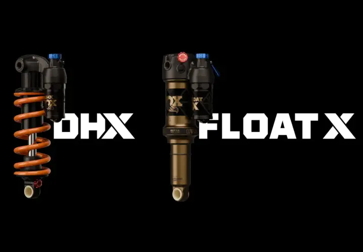 Two Fox bike suspension shocks, a coil DHX and an air FLOAT X, are displayed against a black background.
