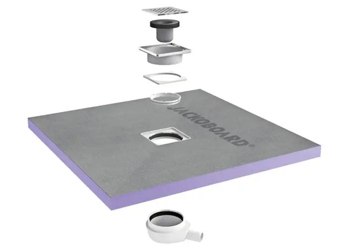 Composants d'un receveur à carreler Jackoboard, prêts pour une installation facile et une douche moderne.