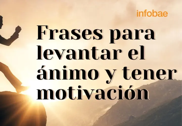 Silueta de persona escalando una montaña al amanecer, con el texto "Frases para levantar el ánimo y tener motivación".
