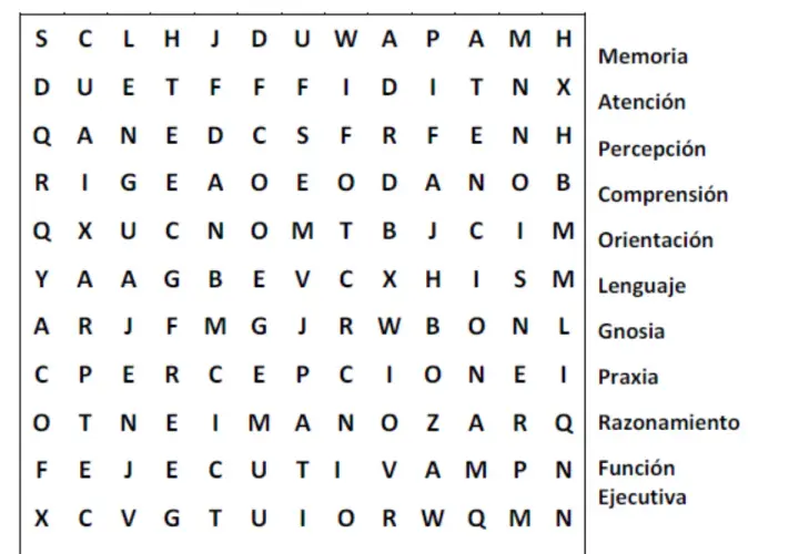 Una sopa de letras con términos cognitivos como "Memoria", "Atención" y "Lenguaje".