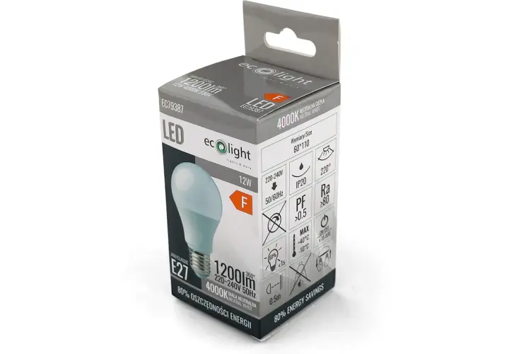 Opakowanie żarówki LED 12W, która daje 1200 lumenów. Pytanie "15w led ile to wat" jest tu nieaktualne, bo to 12W.