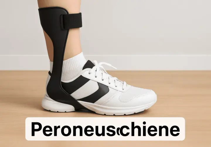Ein Bein mit einer Peroneusschiene und weißem Schuh für einen sicheren Gang.