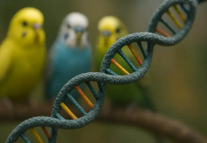 Kolorowe papużki faliste, różne gatunki papug, na tle modelu DNA.