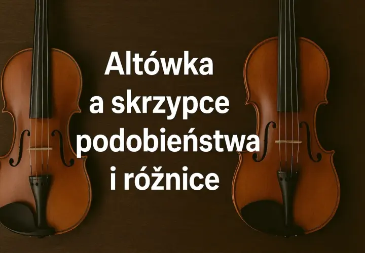 Dwa instrumenty smyczkowe: altówka i skrzypce, obok siebie. Tekst informuje o podobieństwach i różnicach między nimi.