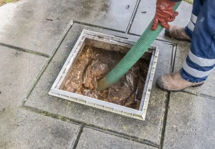 Szambonurek w rękawicach i niebieskich spodniach z odblaskami używa zielonego węża do opróżniania szamba.
