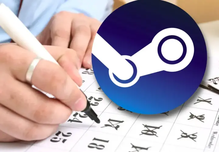 Ręka z markerem zaznacza datę na kalendarzu, obok logo Steam. Czy da się wypłacić pieniądze ze Steam?