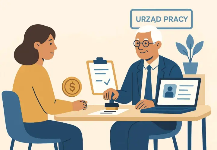 Urzędnik w Urzędzie Pracy rozpatruje wniosek o zasiłek dla bezrobotnych. Kobieta czeka na decyzję.