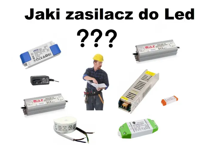 Jaki zasilacz do żarówek led 12v? Różne modele zasilaczy LED, od małych kostek po większe, metalowe obudowy, obok budowlańca z planami.