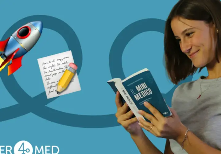 Giovane legge "Il Mini Medico", un libro che apre le porte alle **specializzazioni dopo medicina**. Un razzo simboleggia il decollo della carriera.