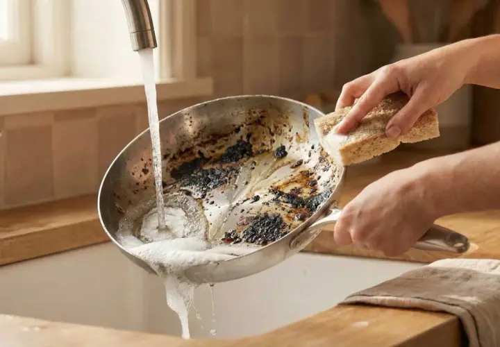 Nettoyer poêle bicarbonate vinaigre : une main frotte une poêle brûlée sous l'eau courante avec une éponge.