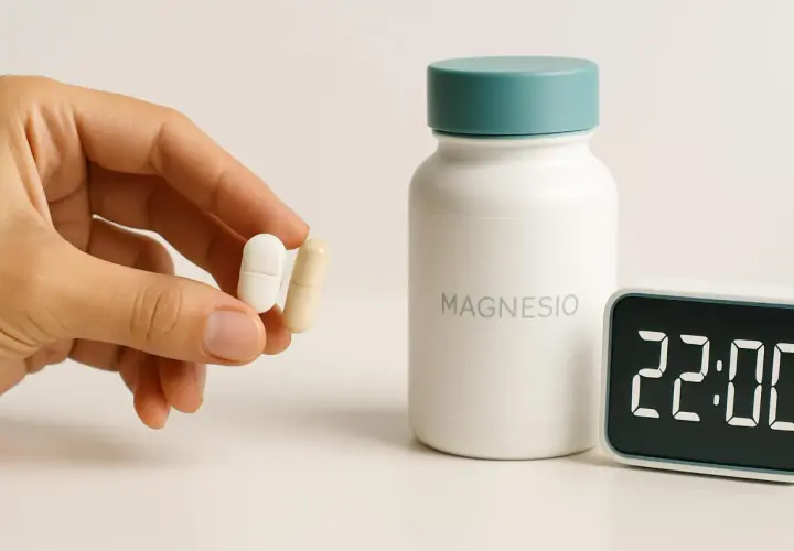 Mano tiene due capsule di magnesio. Accanto, un flacone di magnesio e un orologio digitale segnano le 22:00, suggerendo il momento ideale per l'assunzione.