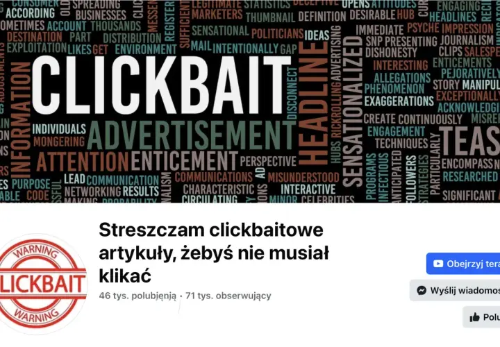 Słowa kluczowe jak "clickbait przykłady" otaczają wielkie napisy "CLICKBAIT" i "ADVERTISEMENT". Streszczenie clickbaitowych artykułów, by nie musieć klikać.