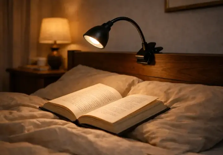 Un libro abierto descansa sobre almohadas, iluminado por un flexo pinza negro. La escena evoca una noche acogedora de lectura.
