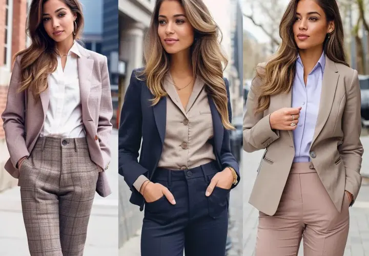 Trzy kobiety prezentują stylizacje smart casual damski: w różowej marynarce i kratowanych spodniach, granatowym komplecie oraz beżowej marynarce z pudrowymi spodniami.
