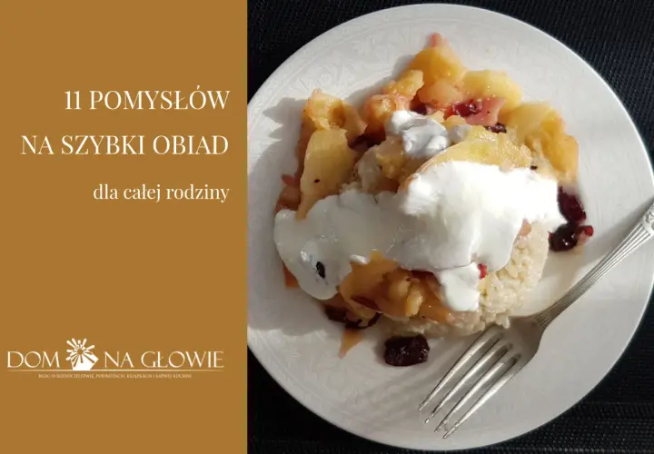 Słodki ryż z jabłkami i śmietaną – idealny szybki obiad dla dzieci. Na talerzu pyszne danie, a obok tekst o 11 pomysłach na szybki obiad.