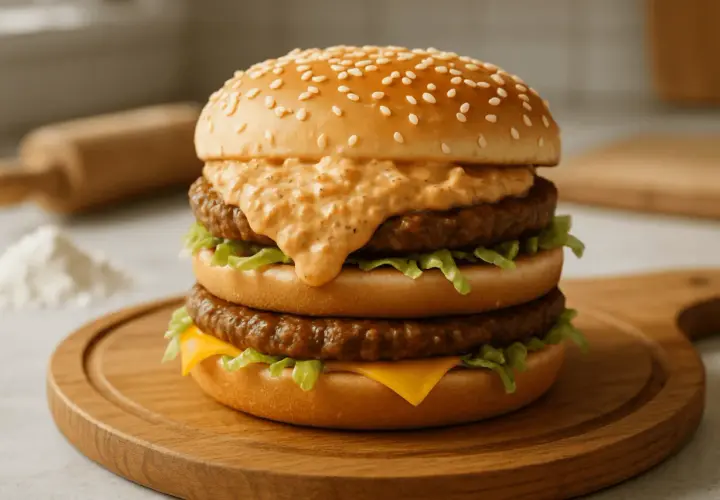 Podwójny burger z dwoma kotletami wołowymi, sałatą, serem i charakterystycznym sosem Big Mac, na drewnianej desce.