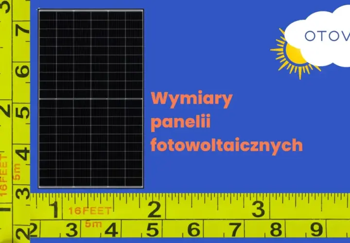 Miarka pokazuje wymiary paneli fotowoltaicznych. Logo OTOVO i słońce.