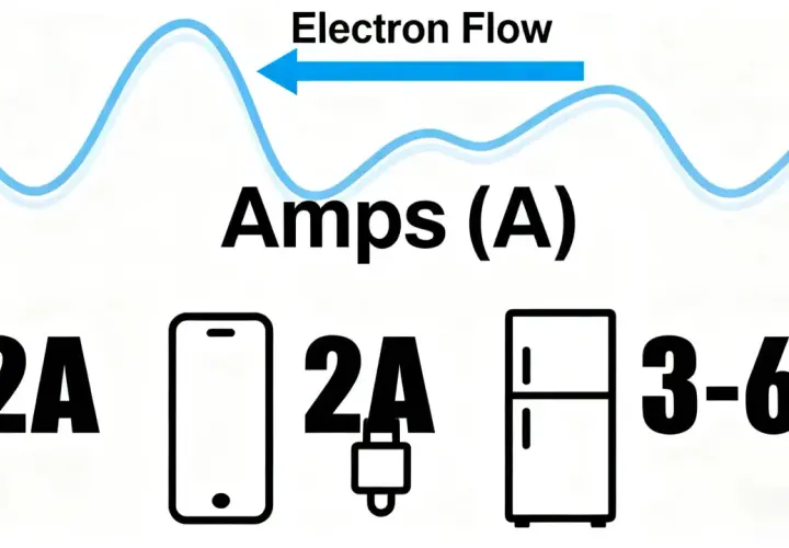 Onda de flujo de electrones. Amperios (A) para un teléfono (2A), un cargador (2A) y un refrigerador (3-6A).