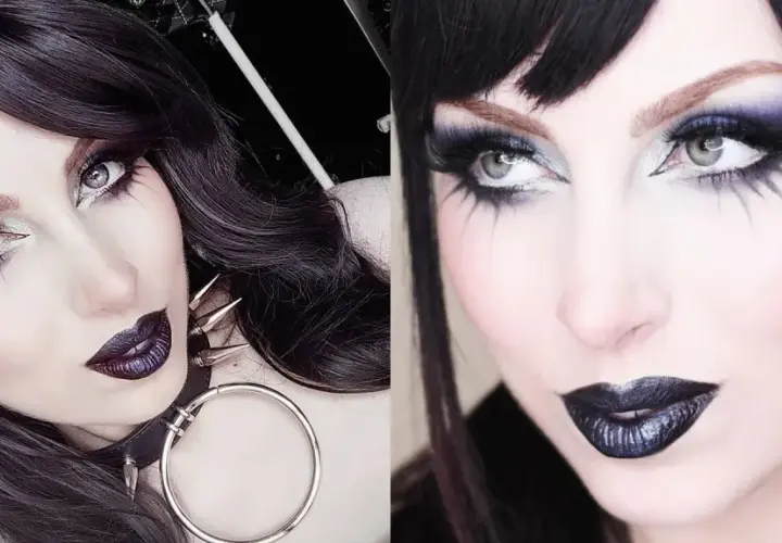 Mujer con maquillaje gótico: ojos dramáticos con sombras moradas y negras, pestañas largas y labios oscuros.