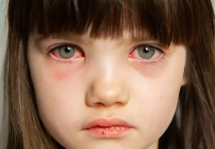 Primer plano de los ojos rojos e irritados de una niña, síntoma común de conjuntivitis en niños.