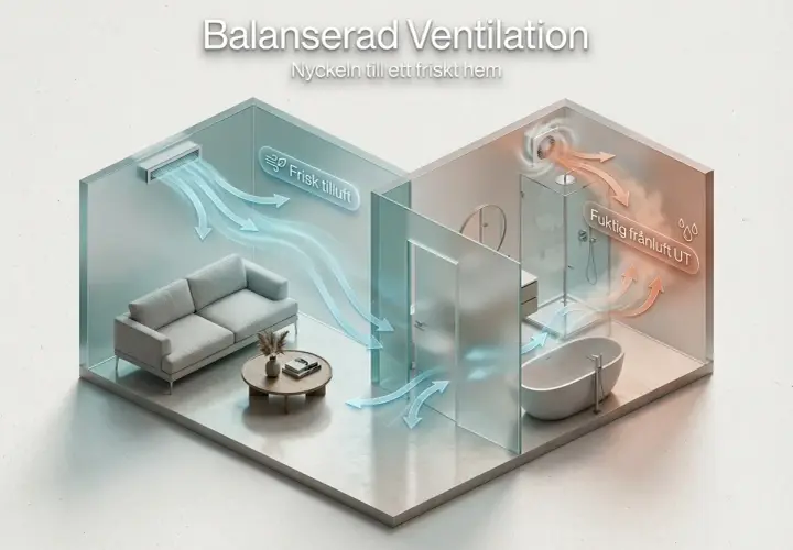 Illustration visar balanserad ventilation i ett hem. Frisk luft tillförs till vardagsrummet, medan fuktig luft från badrummet ventileras ut.