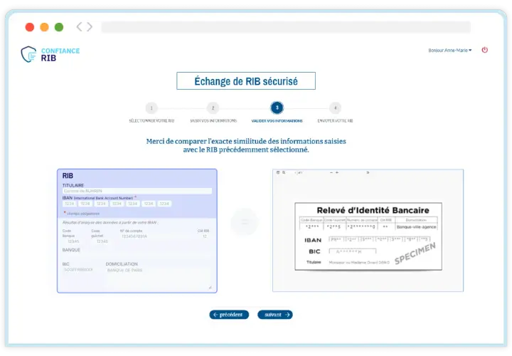 Interface pour comparer les informations d'un RIB avant de savoir comment envoyer un RIB par mail.