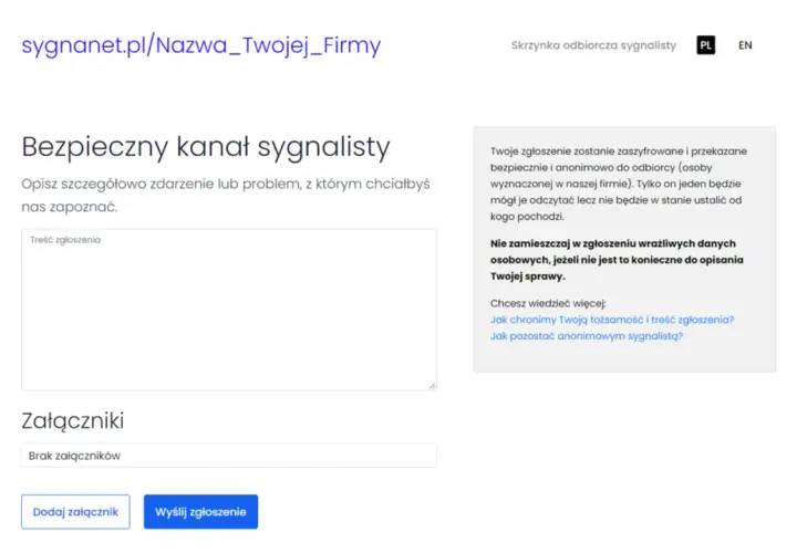 Bezpieczny kanał sygnalisty: formularz do zgłaszania problemów. Sygnalista w pracy może anonimowo opisać zdarzenie.