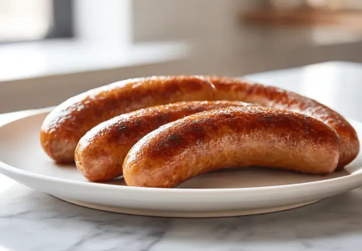 Drei goldbraun gebratene Salsiccia-Würste liegen auf einem weißen Teller. So kann man Salsiccia kochen!