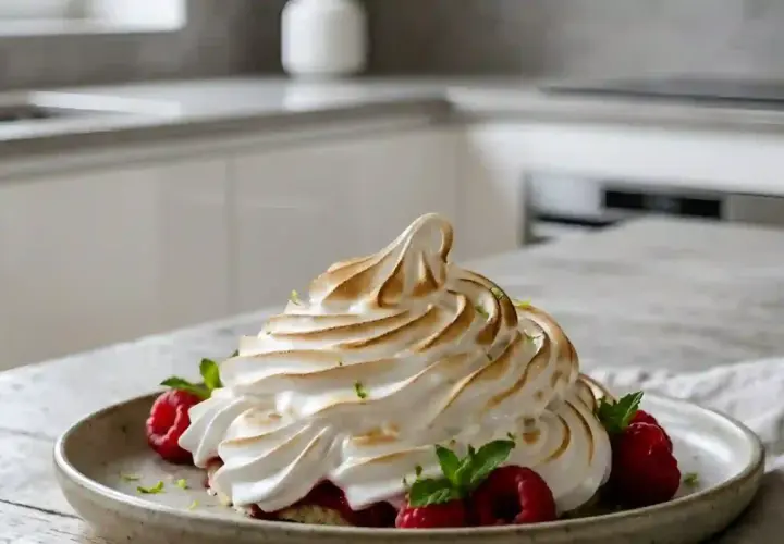 Un dessert aérien avec une meringue italienne dorée, des framboises fraîches et des feuilles de menthe sur une assiette.