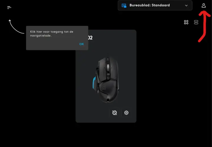 Logitech G Hub startet nicht. Ein Pop-up mit der Meldung "Klik hier voor toegang tot de navigatielade." und einem OK-Button erscheint.
