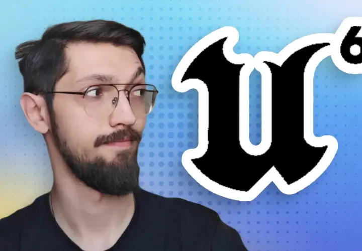 Ein Mann mit Brille und Bart blickt nach rechts, neben ihm das Logo von Unreal Engine 6.