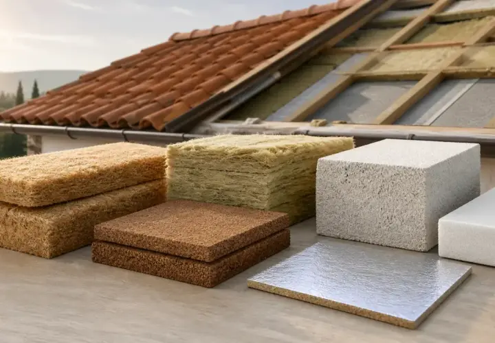 Vari materiali per l'isolamento termico del tetto, tra cui fibra di legno, lana di roccia e polistirene, pronti per migliorare l'efficienza energetica.
