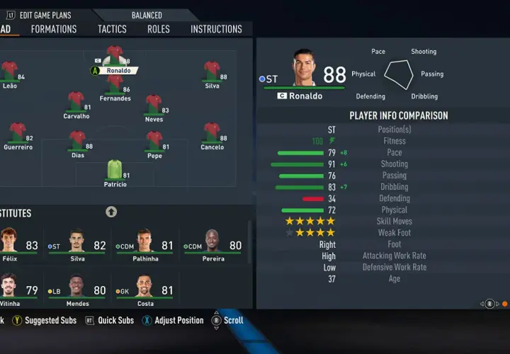 Ekran gry FIFA 23 z Cristiano Ronaldo jako kapitanem drużyny, gdzie gra w składzie Portugalii.