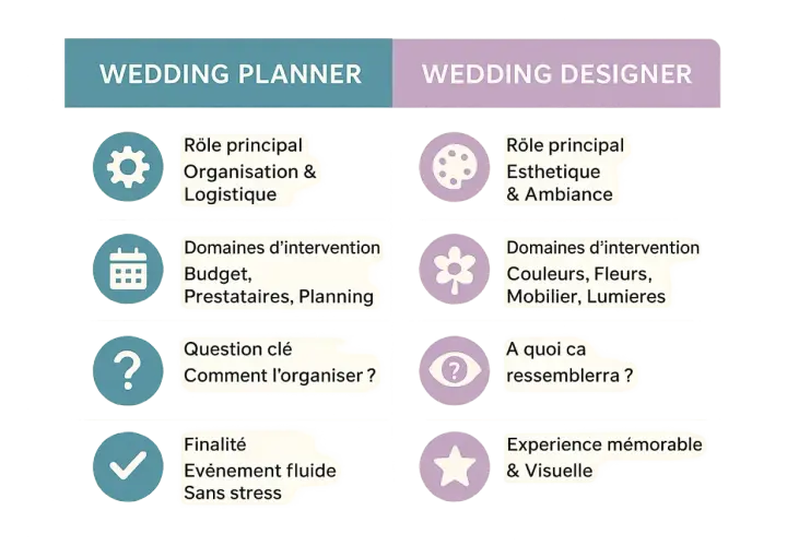 Comparaison des rôles : Wedding Planner (organisation, budget, planning) vs Wedding Designer (esthétique, couleurs, ambiance). Le wedding planner prix est un facteur clé.