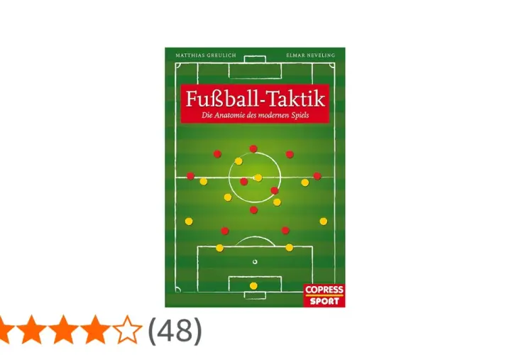 Buchcover "Fußball-Taktik" zeigt ein Spielfeld mit roten und gelben Punkten, die Spielerpositionen darstellen. Es erklärt, was ist Taktik im modernen Fußball.