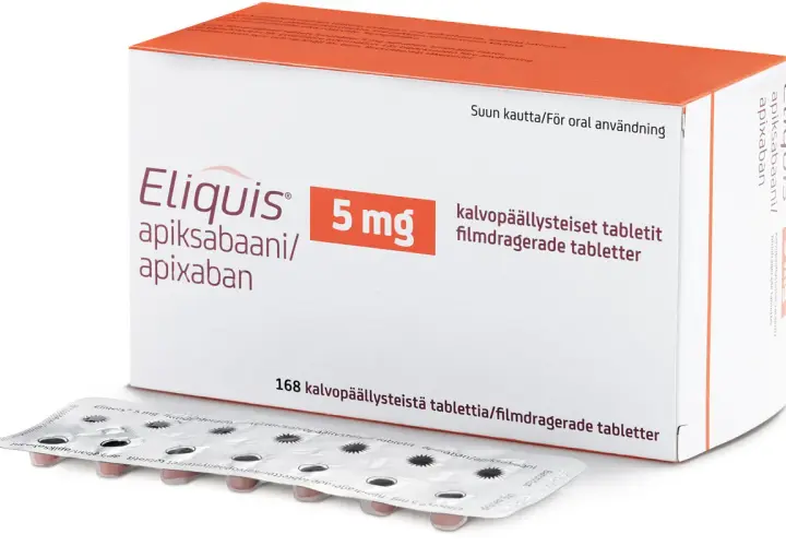 Opakowanie leku Eliquis 5 mg, zawierające 168 tabletek. To lek na receptę, a jego zamiennik może być dostępny w aptece.