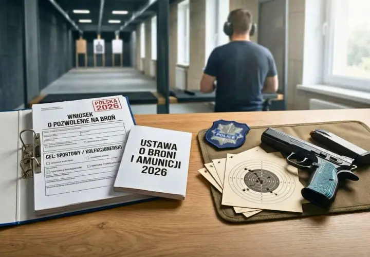 Formularz wniosku o pozwolenie na broń, pistolet, magazynki, tarcze strzelnicze i odznaka policyjna.