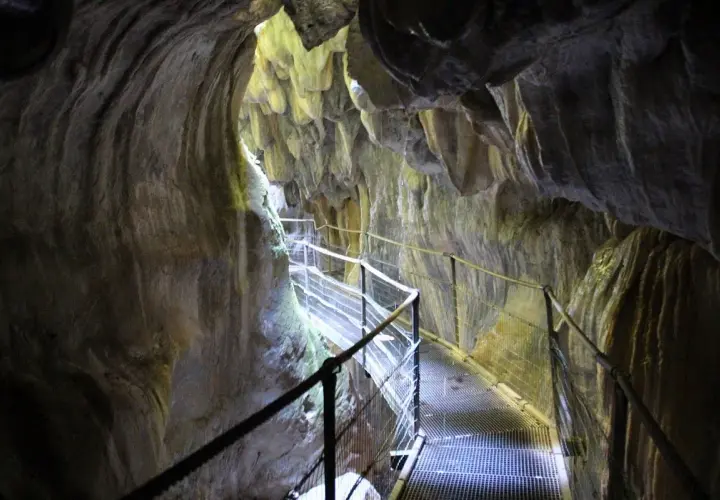 Pasarela metálica serpentea por el interior de los Gorges de la Fou, con paredes rocosas esculpidas por el agua y la luz filtrándose desde arriba.