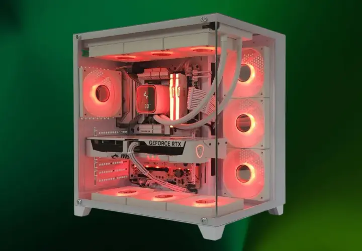Ein leistungsstarker **PC von innen**, beleuchtet mit rotem Licht. Man sieht Lüfter, eine Grafikkarte und den CPU-Kühler.