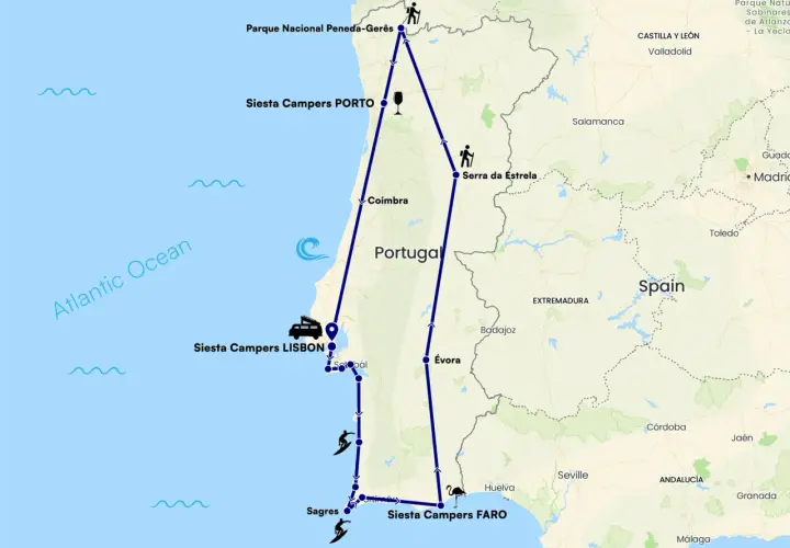 Carte d'un road trip Portugal en van, de Porto à Faro, passant par Lisbonne, avec des icônes de surf et de randonnée.
