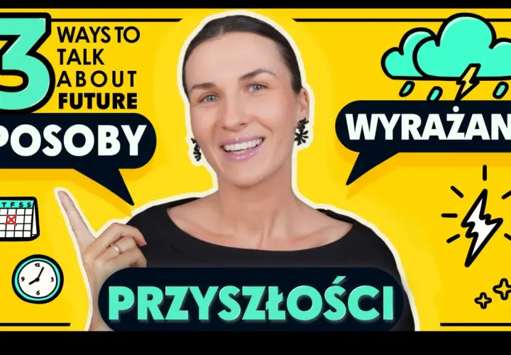 3 sposoby na wyrażanie przyszłości po angielsku. Kalendarz, zegar i błyskawica symbolizują naukę future forms.