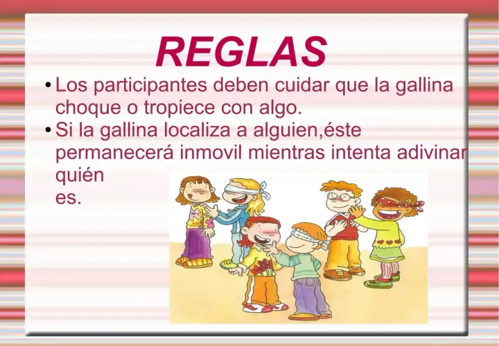Niños jugando a la gallinita ciega, con vendas en los ojos, intentando reconocerse. Las reglas del juego.