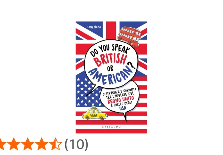 Copertina libro "Do you speak British or American?" con bandiera UK/USA, autobus rosso e taxi giallo. Scopri le differenze tra l'inglese del Regno Unito e quello degli USA.