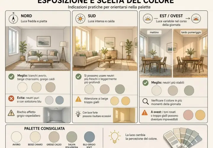 Guida ai tipi di pittura per interni: esposizione e scelta del colore in base alla luce. Consigli per ogni orientamento.
