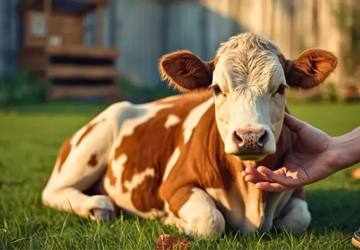 Une vache miniature d'élevage, au pelage brun et blanc, se repose sur l'herbe. Une main caresse doucement sa tête.