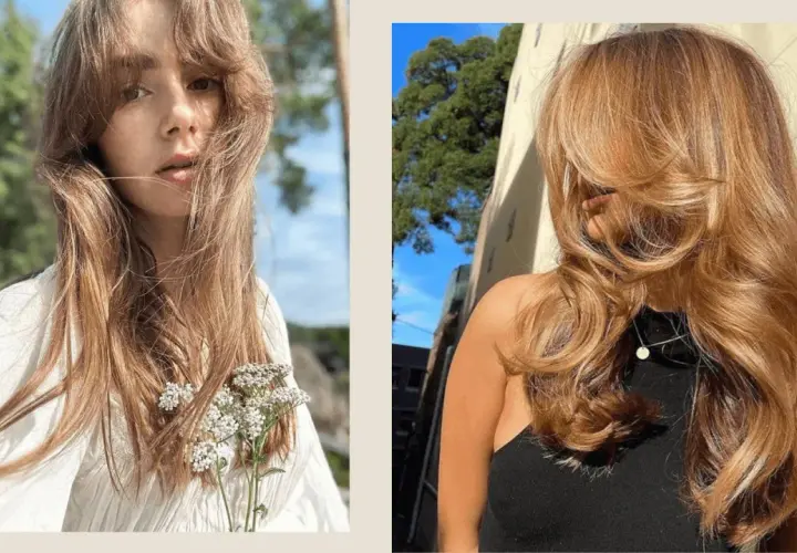 Dos estilos de cabello con flequillo mariposa, uno con un look natural y otro con ondas voluminosas.