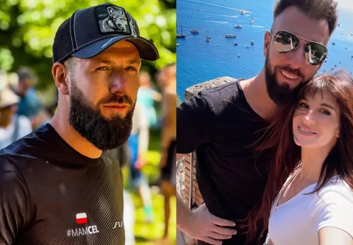 Sylwia Grzeszczak i jej partner na tle błękitnego morza i malowniczych widoków. On w czapce z wilkiem, ona z burzą rudych włosów.